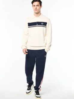 Damarindo Long Sleeve Knit Polo- Gardenia/ Maritime Blue