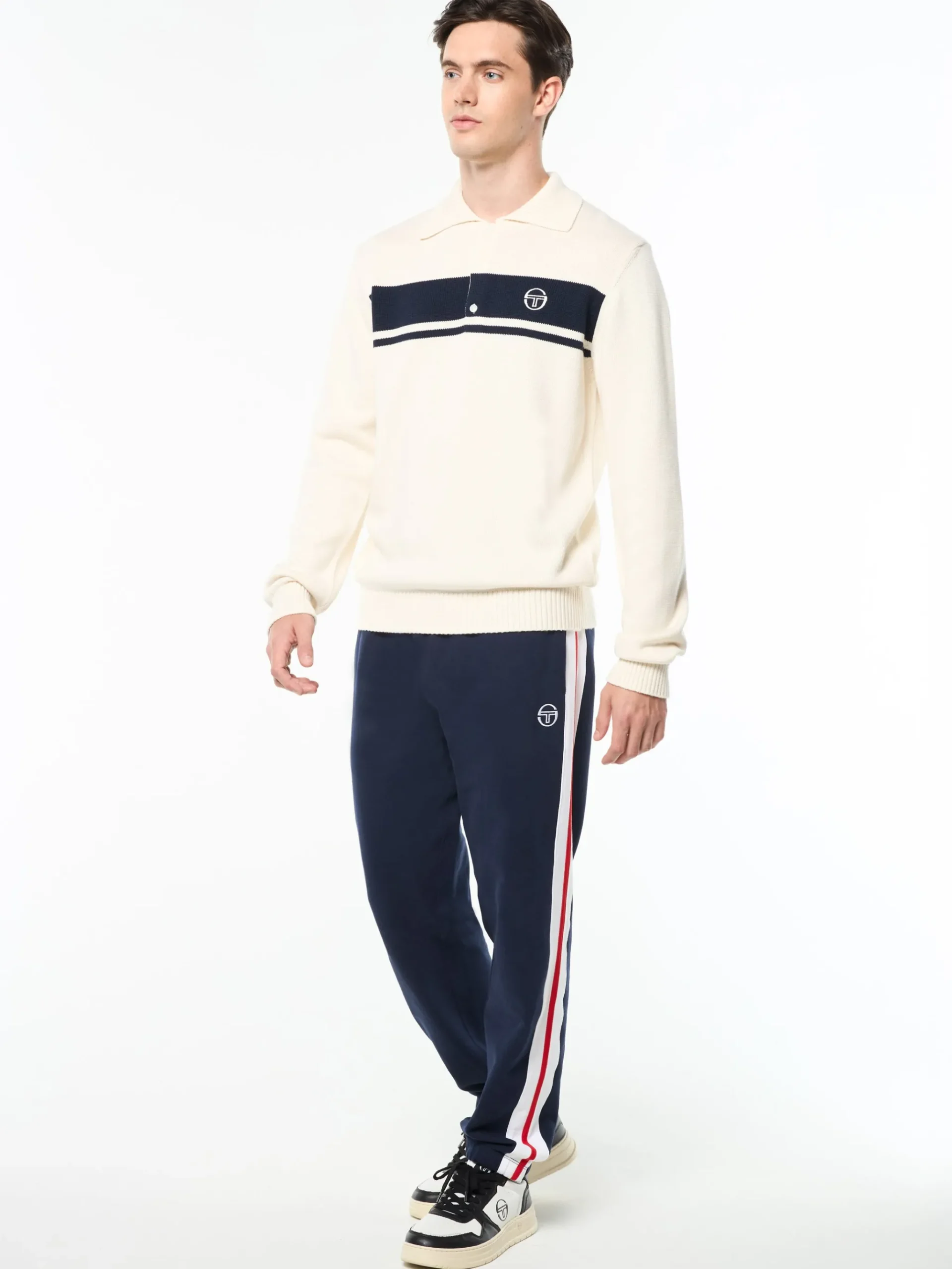 Damarindo Long Sleeve Knit Polo- Gardenia/ Maritime Blue